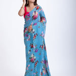 Blue Pure Georgette Saree with Elegant Floral Print Front