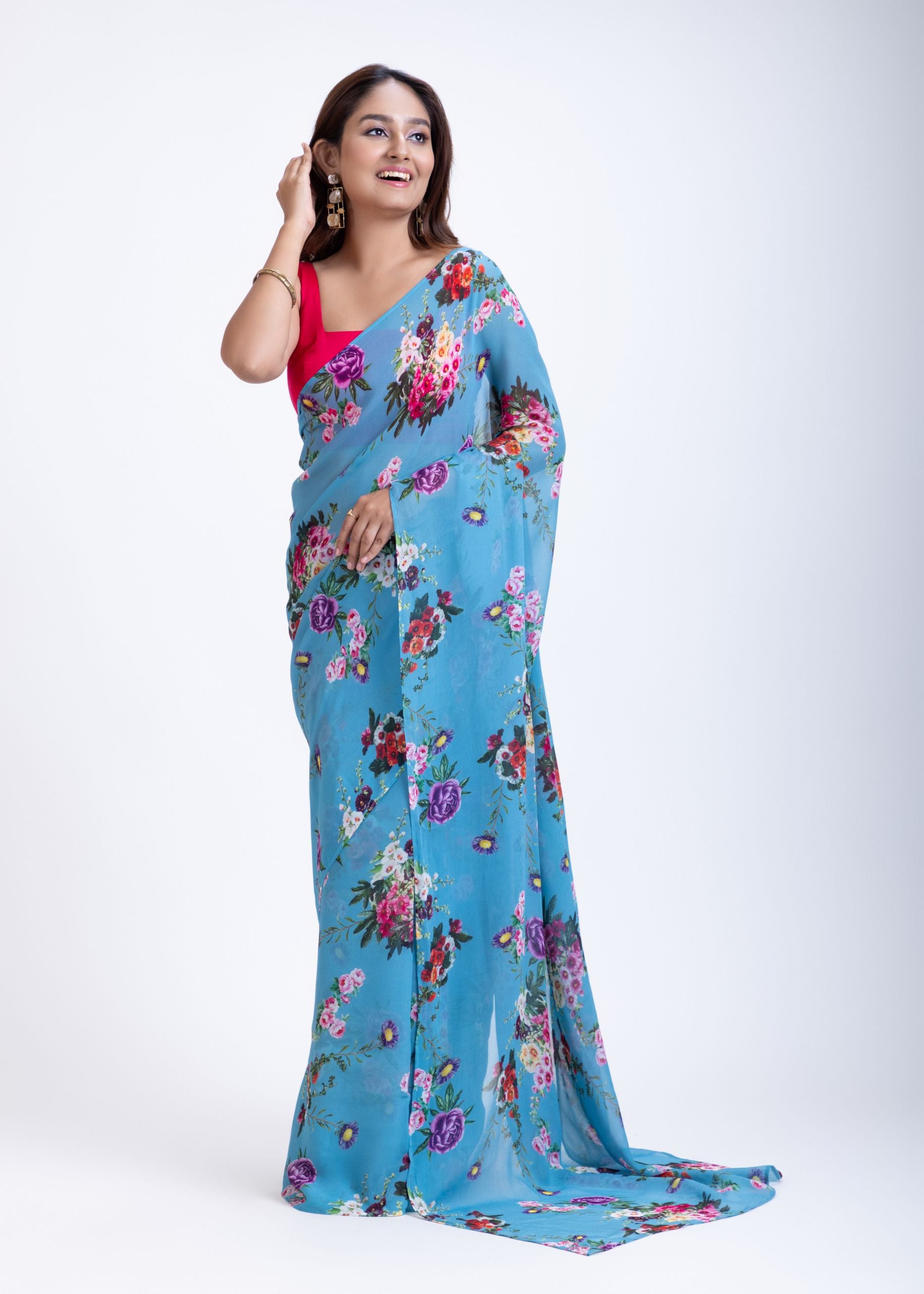 Blue Pure Georgette Saree with Elegant Floral Print Front