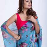 Blue Pure Georgette Saree with Elegant Floral Print Close Up