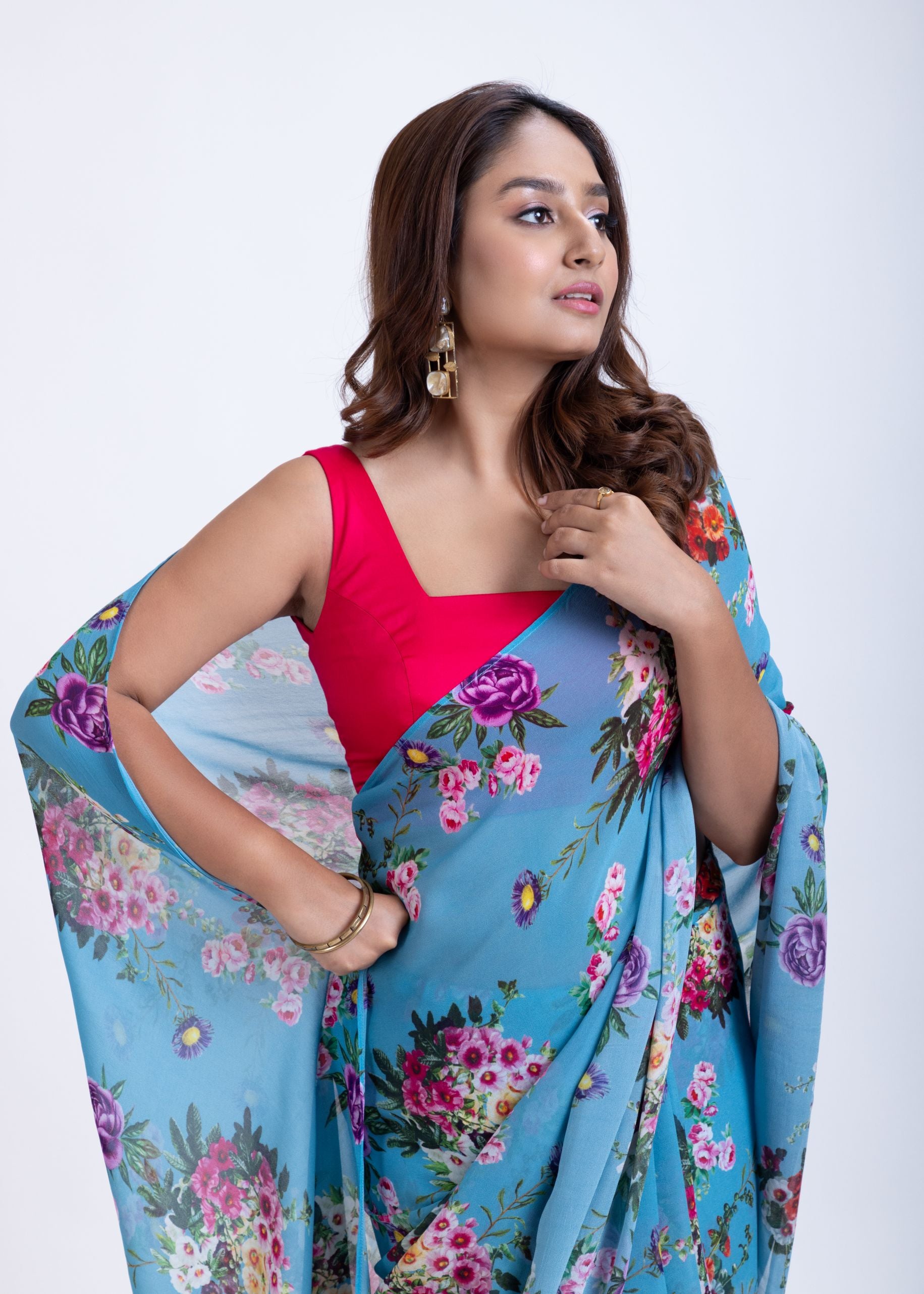 Blue Pure Georgette Saree with Elegant Floral Print Close Up
