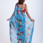 Blue Pure Georgette Saree with Elegant Floral Print Back