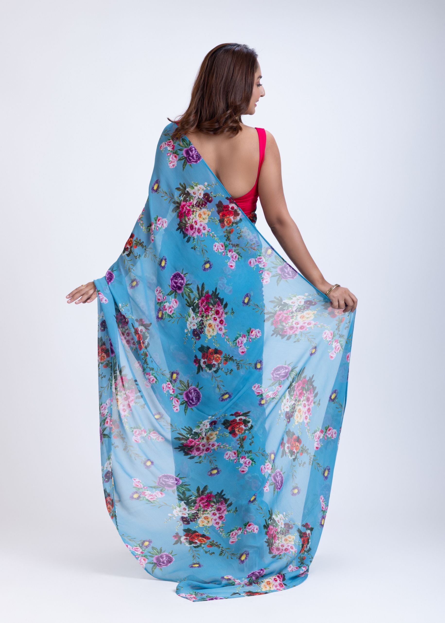 Blue Pure Georgette Saree with Elegant Floral Print Back