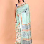 Blue Pure Silk Saree with Hand Block Print - Anvi Couture