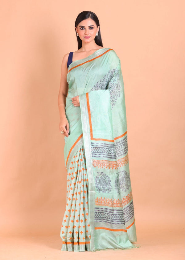 Blue Pure Silk Saree with Hand Block Print - Anvi Couture