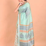 Blue Pure Silk Saree with Hand Block Print - Anvi Couture