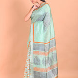 Blue Pure Silk Saree with Hand Block Print - Anvi Couture