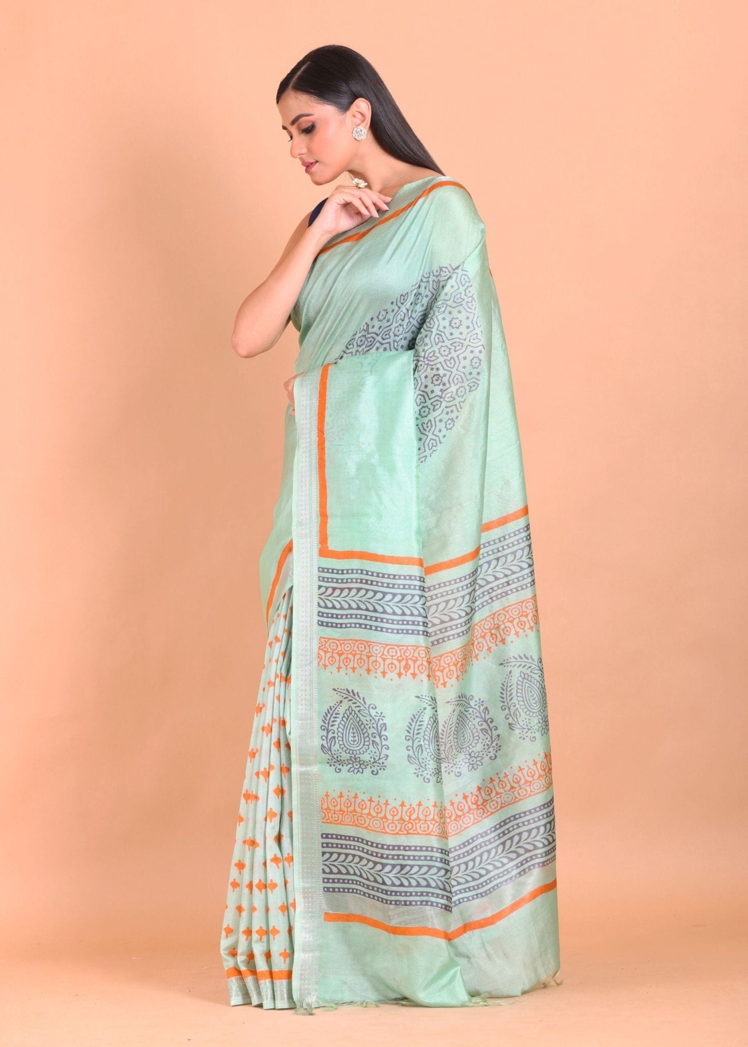Blue Pure Silk Saree with Hand Block Print - Anvi Couture