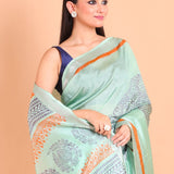 Blue Pure Silk Saree with Hand Block Print - Anvi Couture