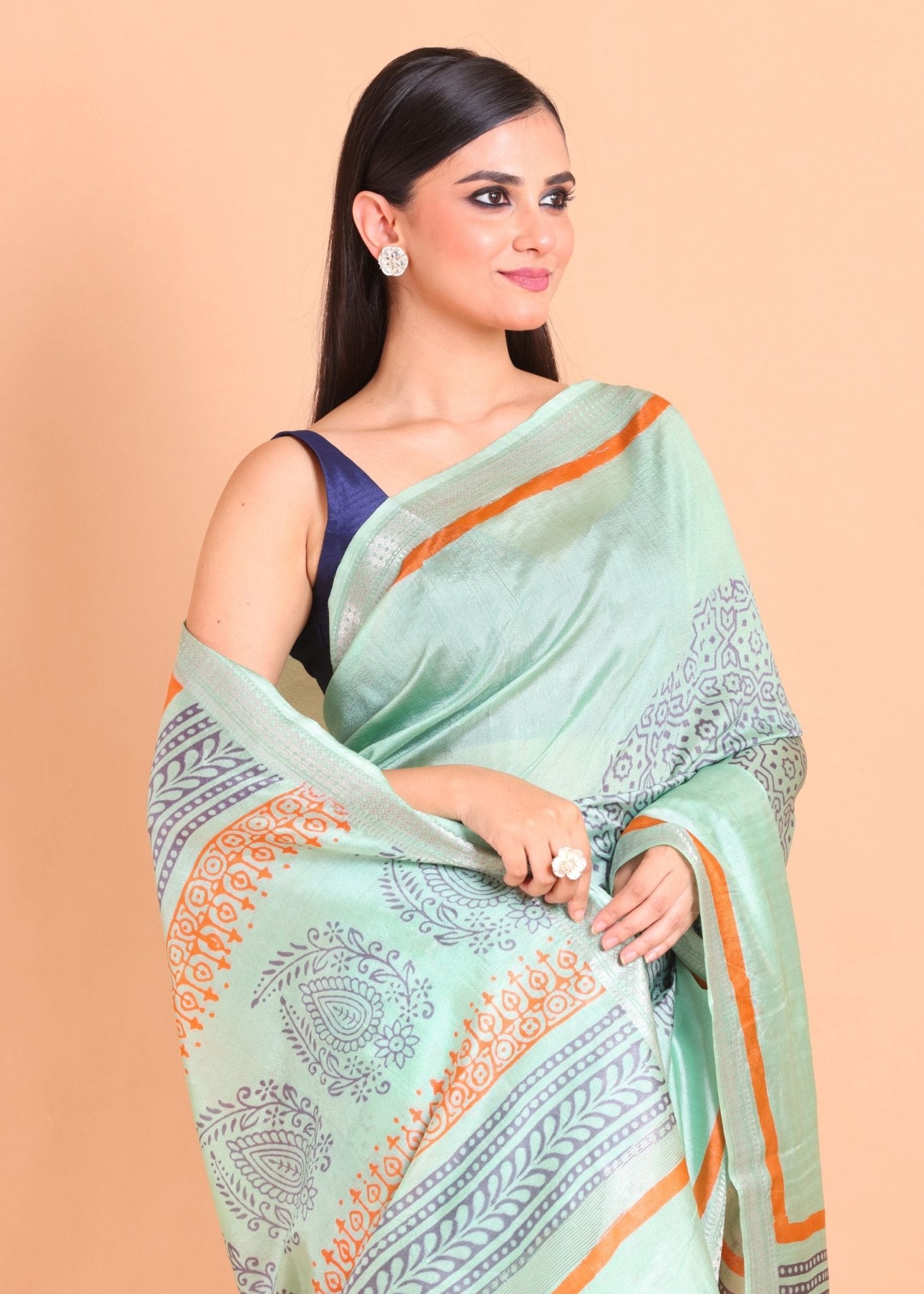 Blue Pure Silk Saree with Hand Block Print - Anvi Couture