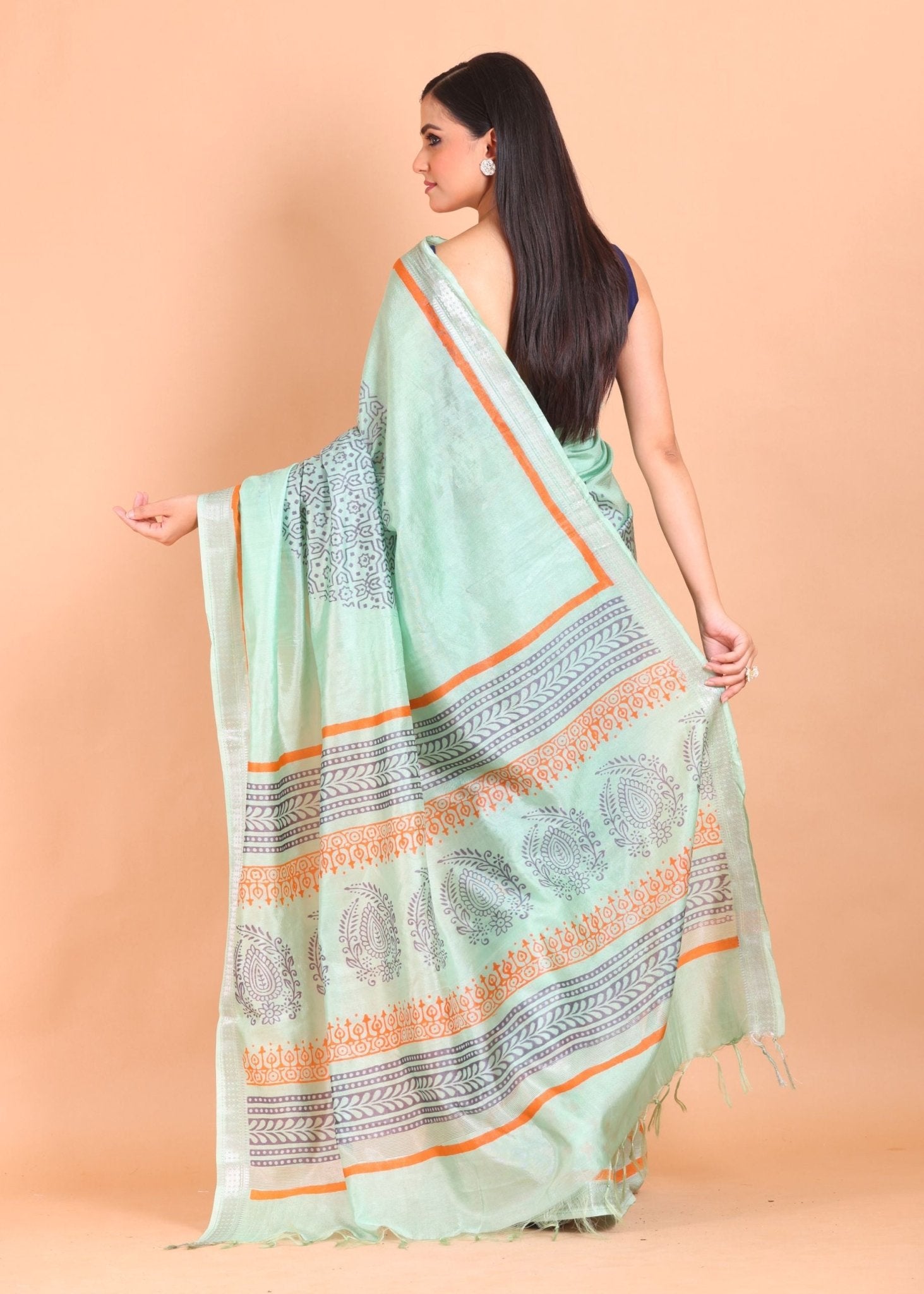 Blue Pure Silk Saree with Hand Block Print - Anvi Couture