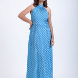 Blue Satin Printed Gown Front
