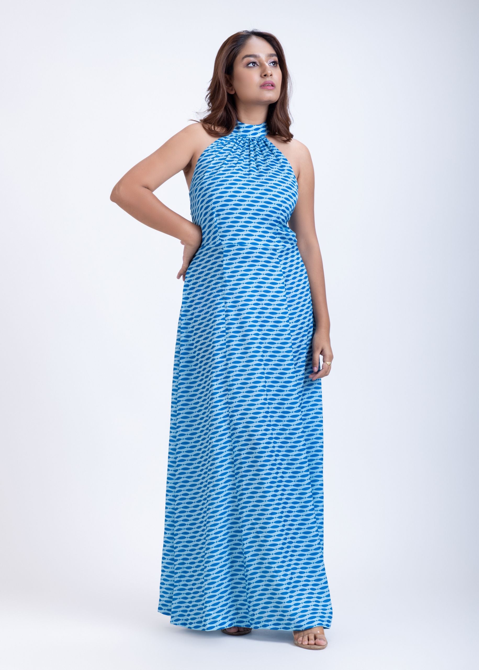 Blue Satin Printed Gown Front
