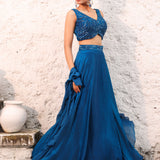 Blue Satin Silk Lehenga with Cutdana Embroidery and Ruffle Dupatta Side View