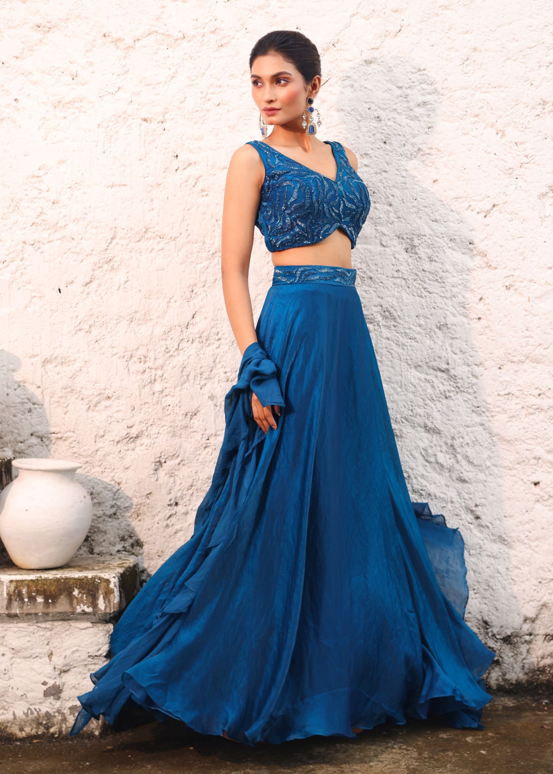 Blue Satin Silk Lehenga with Cutdana Embroidery and Ruffle Dupatta Side View