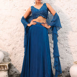 Blue Satin Silk Lehenga with Cutdana Embroidery and Ruffle Dupatta Front view