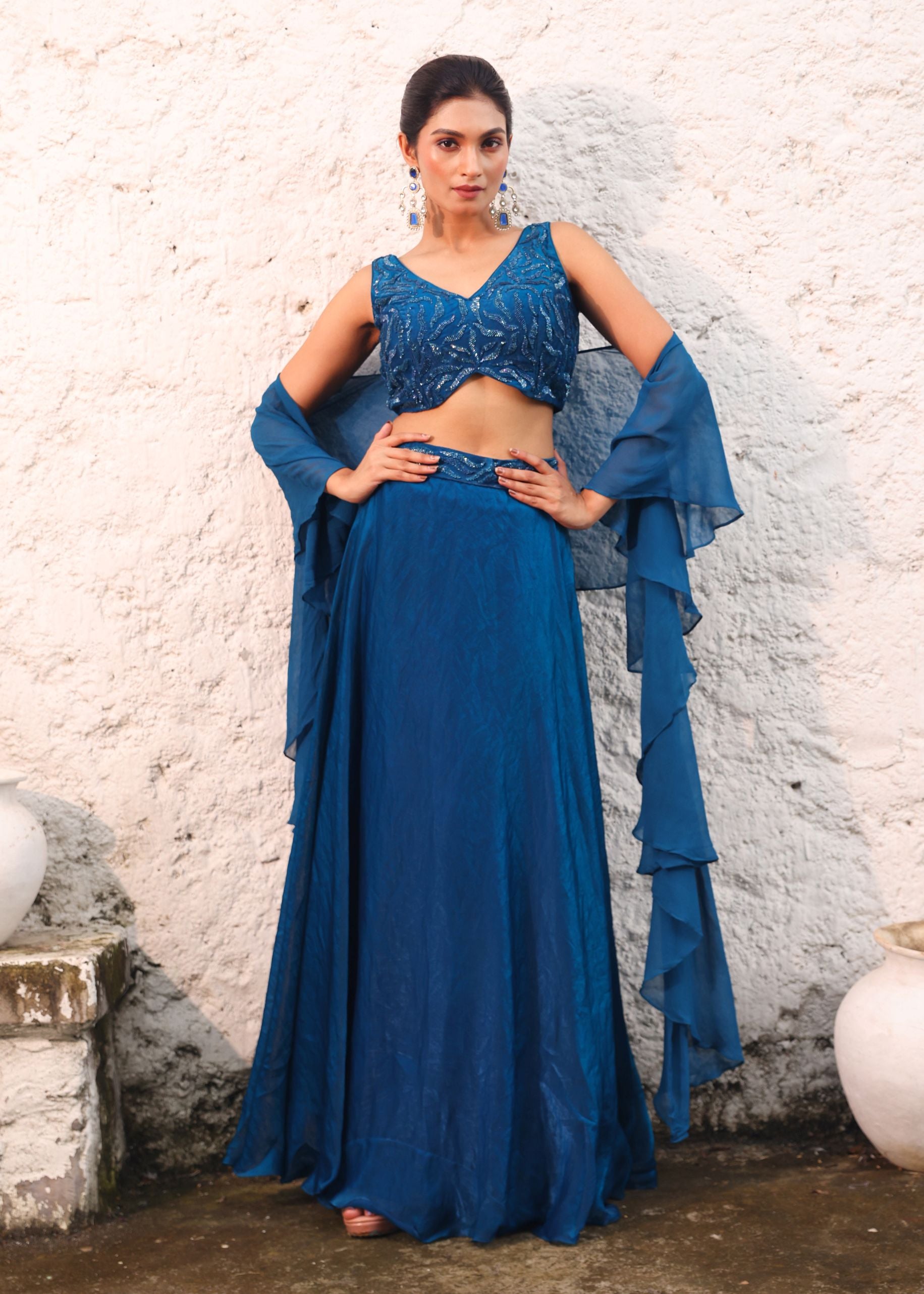 Blue Satin Silk Lehenga with Cutdana Embroidery and Ruffle Dupatta Front view