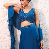 Blue Satin Silk Lehenga with Cutdana Embroidery and Ruffle Dupatta Close Up