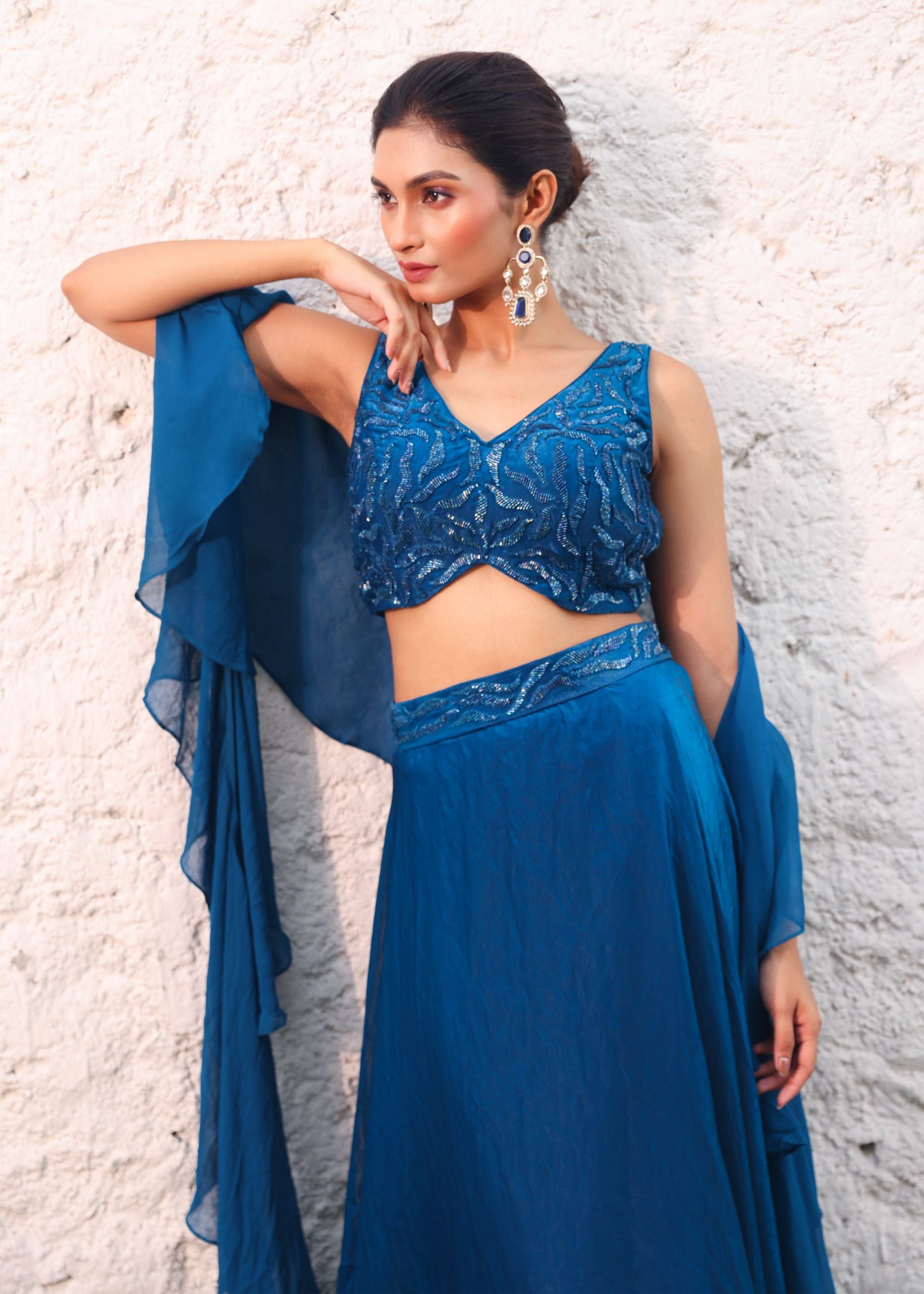 Blue Satin Silk Lehenga with Cutdana Embroidery and Ruffle Dupatta Close Up