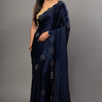 Blue Satin Silk Saree with Sequins Border - Anvi Couture
