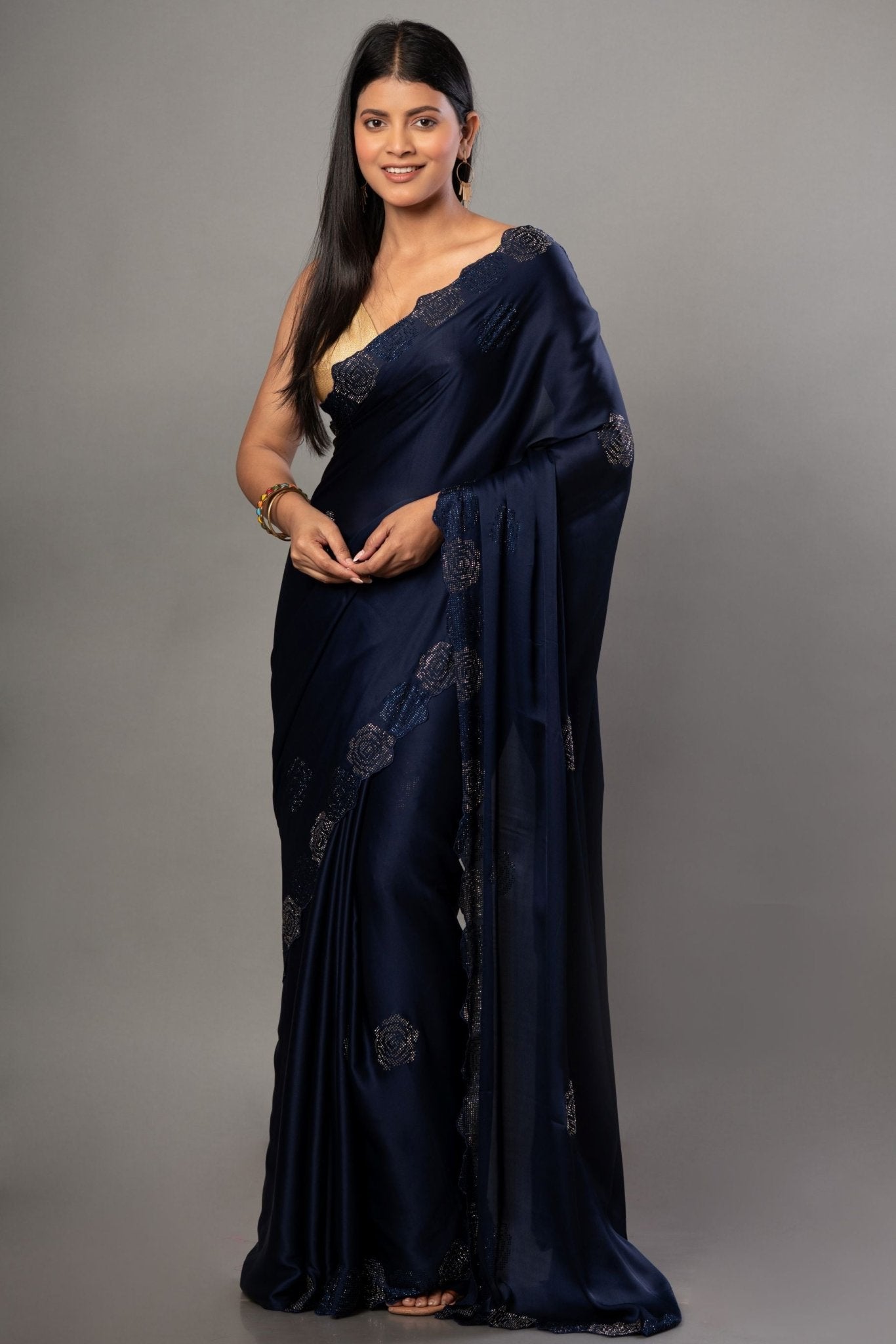 Blue Satin Silk Saree with Sequins Border - Anvi Couture