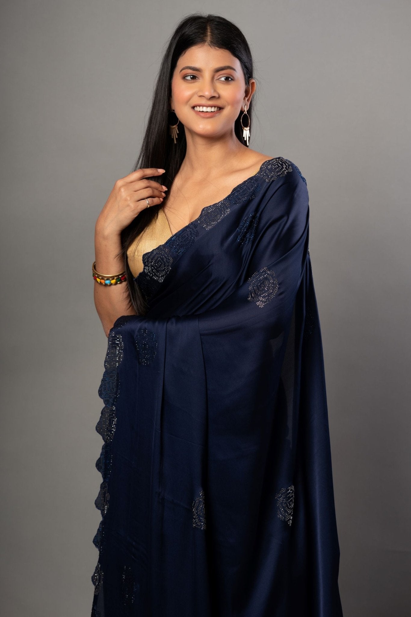 Blue Satin Silk Saree with Sequins Border - Anvi Couture