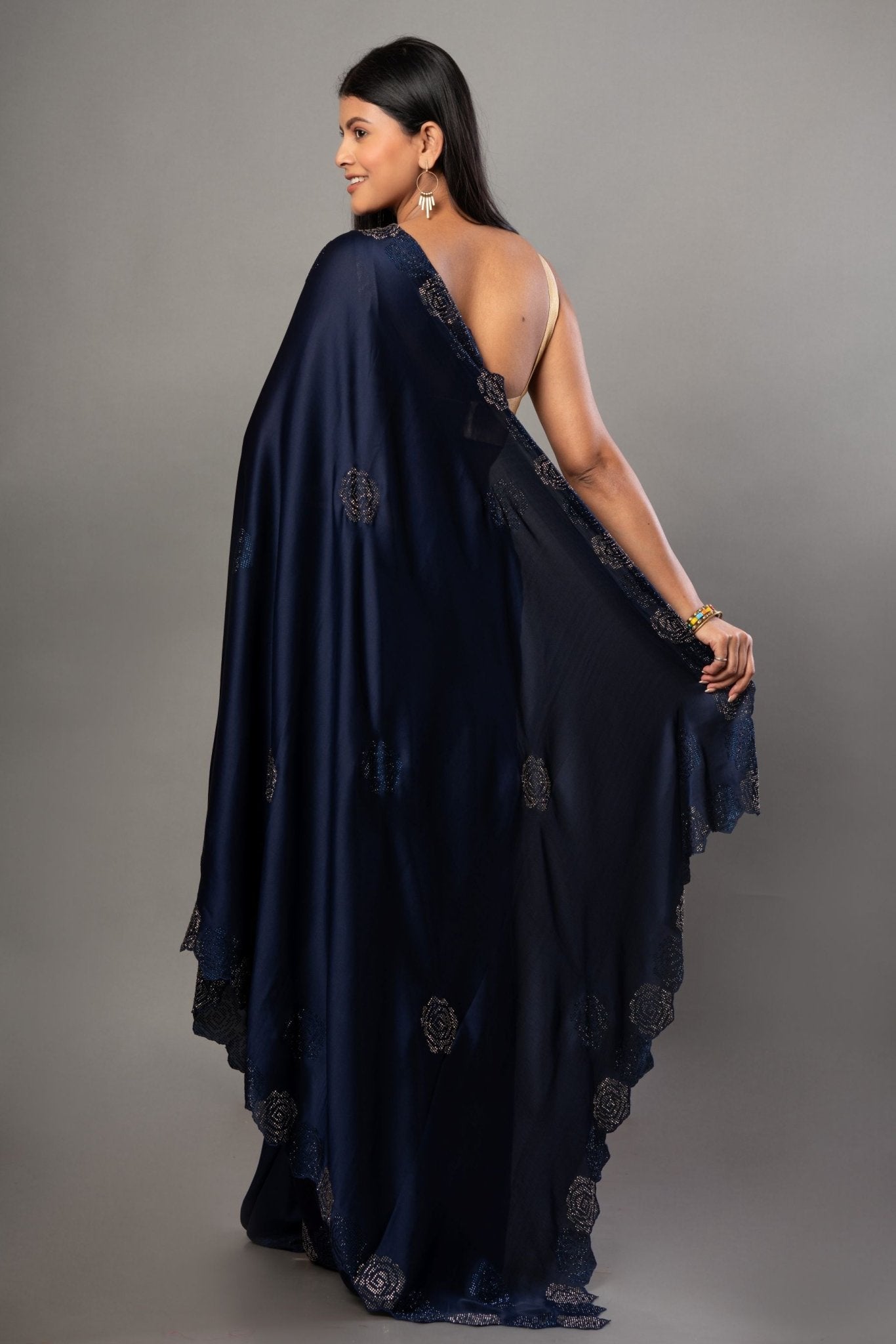 Blue Satin Silk Saree with Sequins Border - Anvi Couture