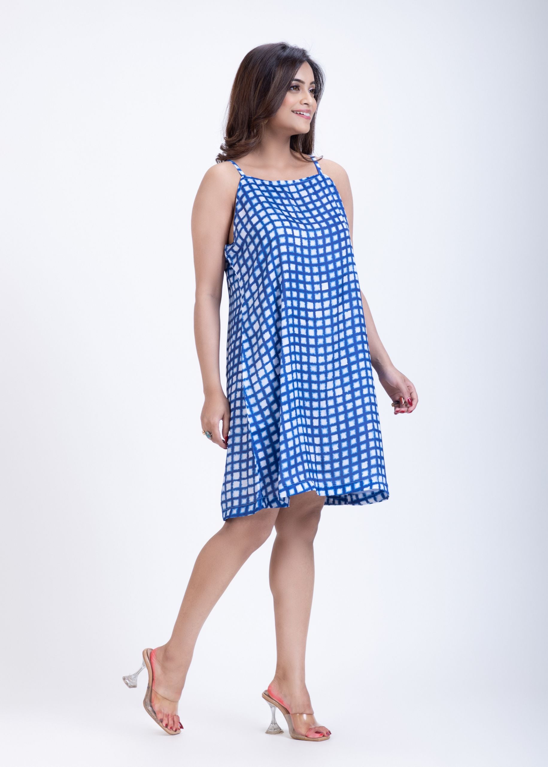Blue Satin Spaghetti short Dress front