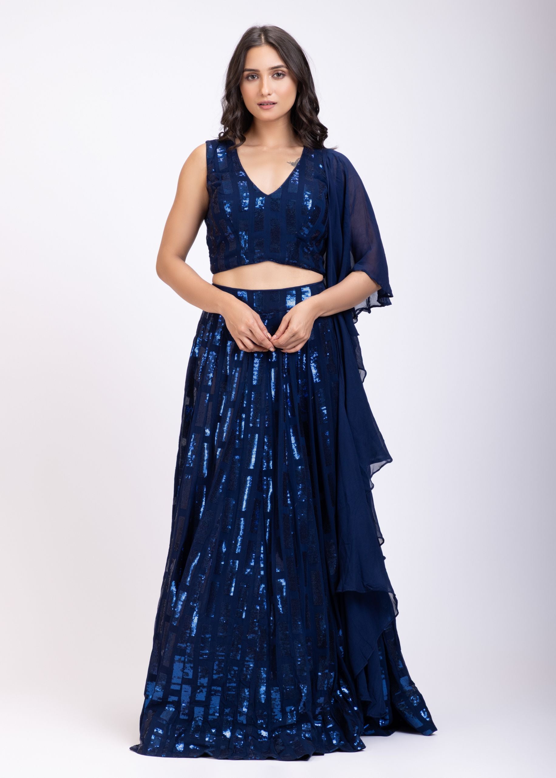 Blue Sequin Lehenga Set full