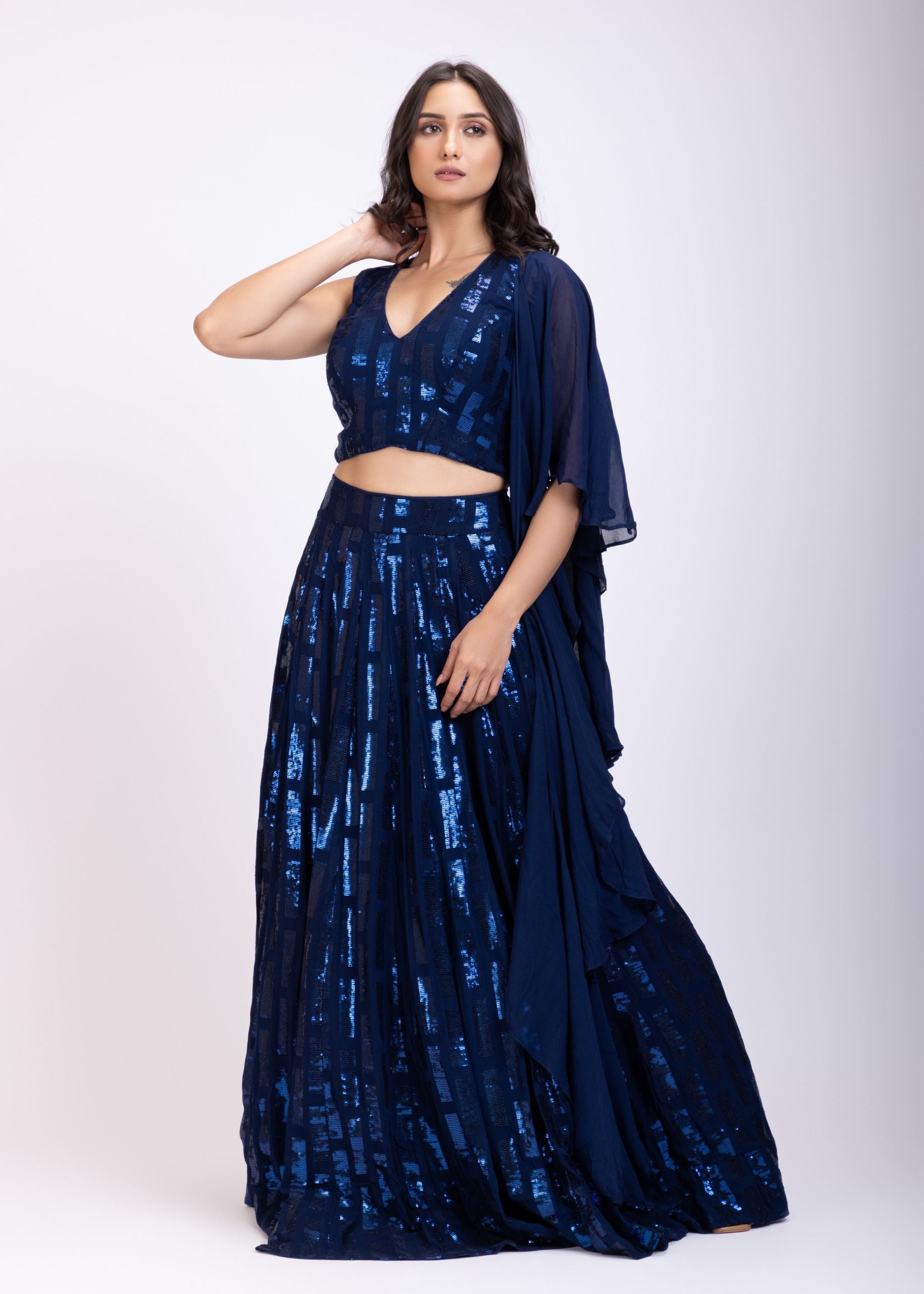 Blue Sequin Lehenga Set front