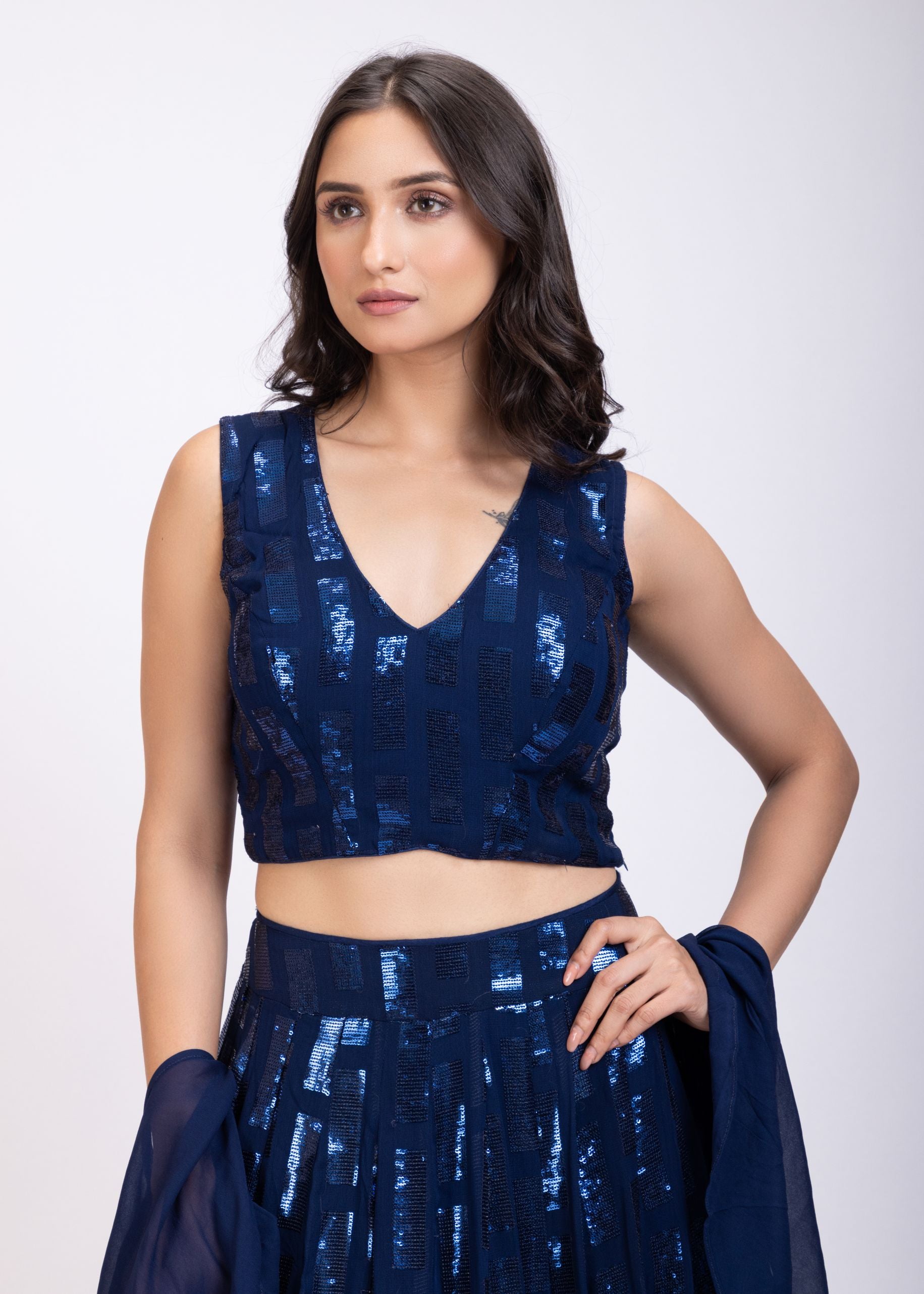 Blue Sequin Lehenga Set close up