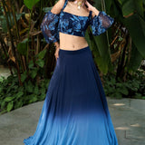 Coastal Blue Shaded Ombre Lehenga with Designer Crop Top | Modern Indo - Western Bridal & Sangeet Wear - Anvi Couture