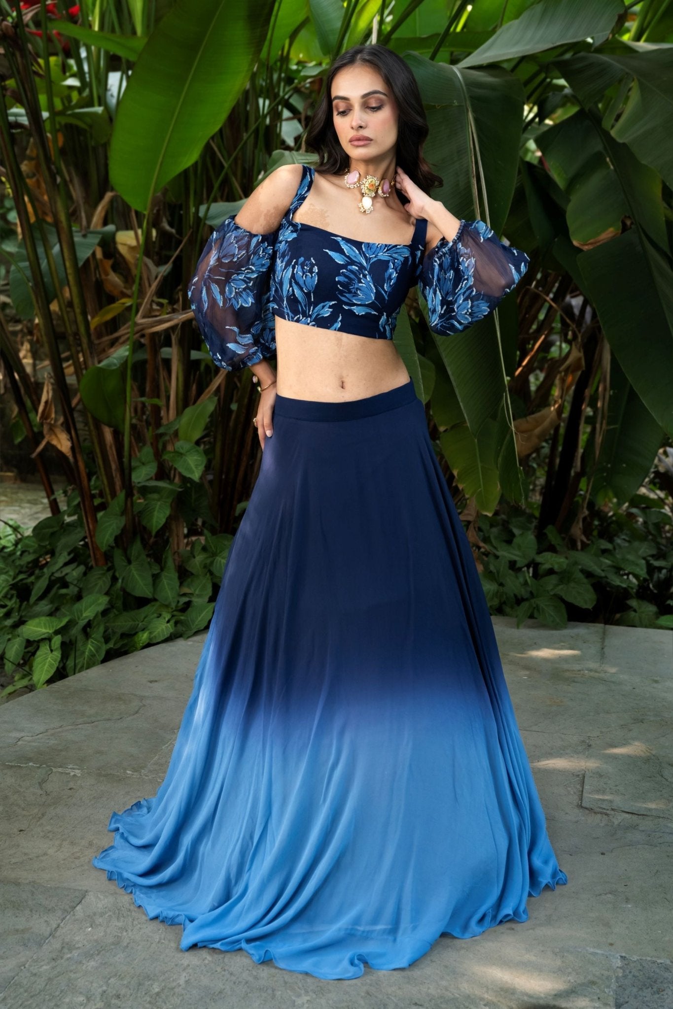 Coastal Blue Shaded Ombre Lehenga with Designer Crop Top | Modern Indo - Western Bridal & Sangeet Wear - Anvi Couture