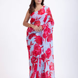Blue Silk Organza Saree With Red Floral Prints Full
