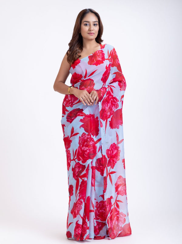 Blue Silk Organza Saree With Red Floral Prints - Anvi Couture