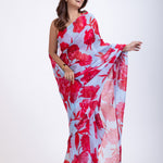 Blue Silk Organza Saree With Red Floral Prints Front
