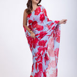Blue Silk Organza Saree With Red Floral Prints Front
