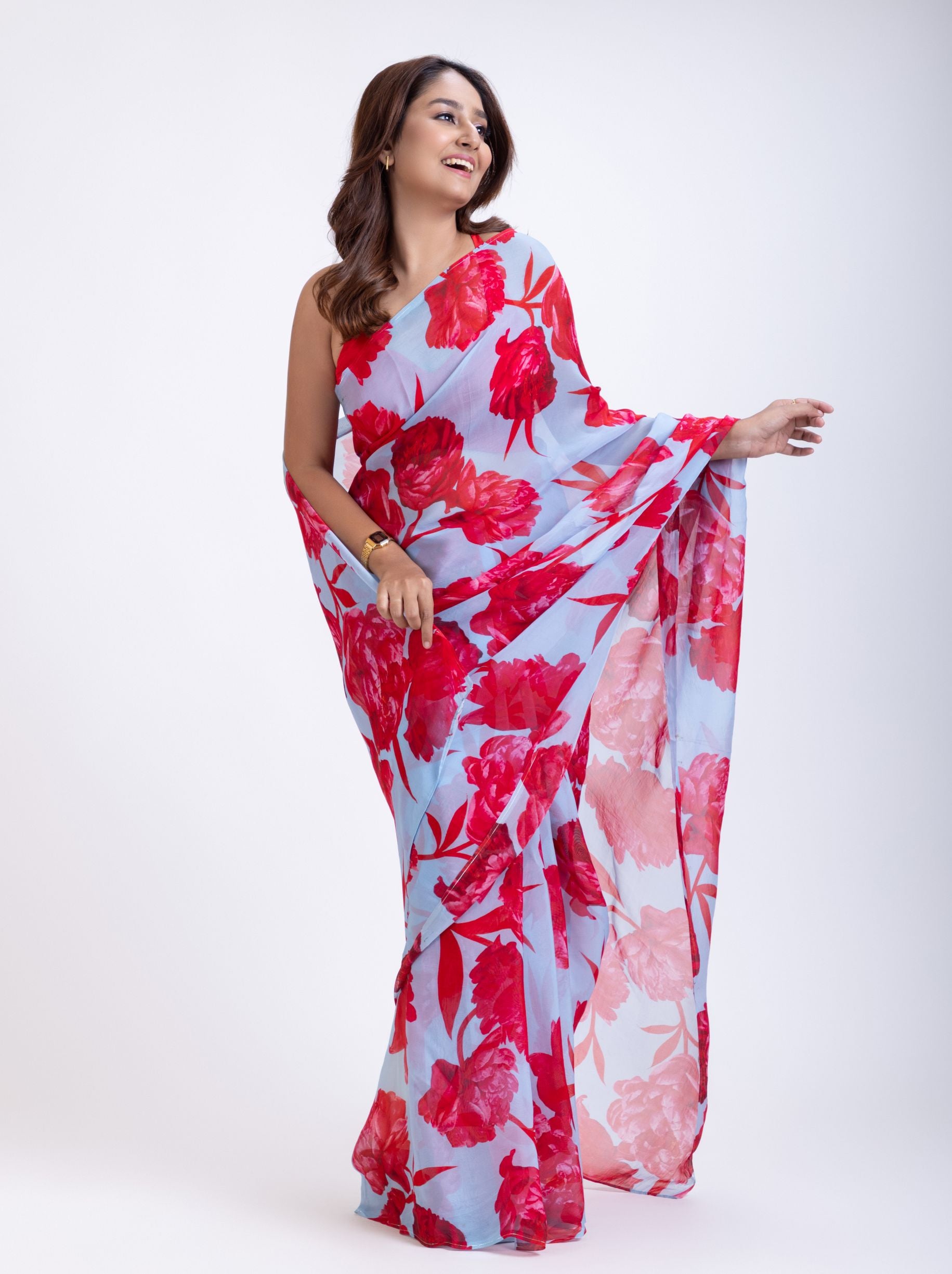 Blue Silk Organza Saree With Red Floral Prints Front
