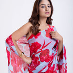 Blue Silk Organza Saree With Red Floral Prints Close Up
