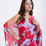 Blue Silk Organza Saree With Red Floral Prints Close Up
