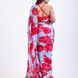 Blue Silk Organza Saree With Red Floral Prints Back
