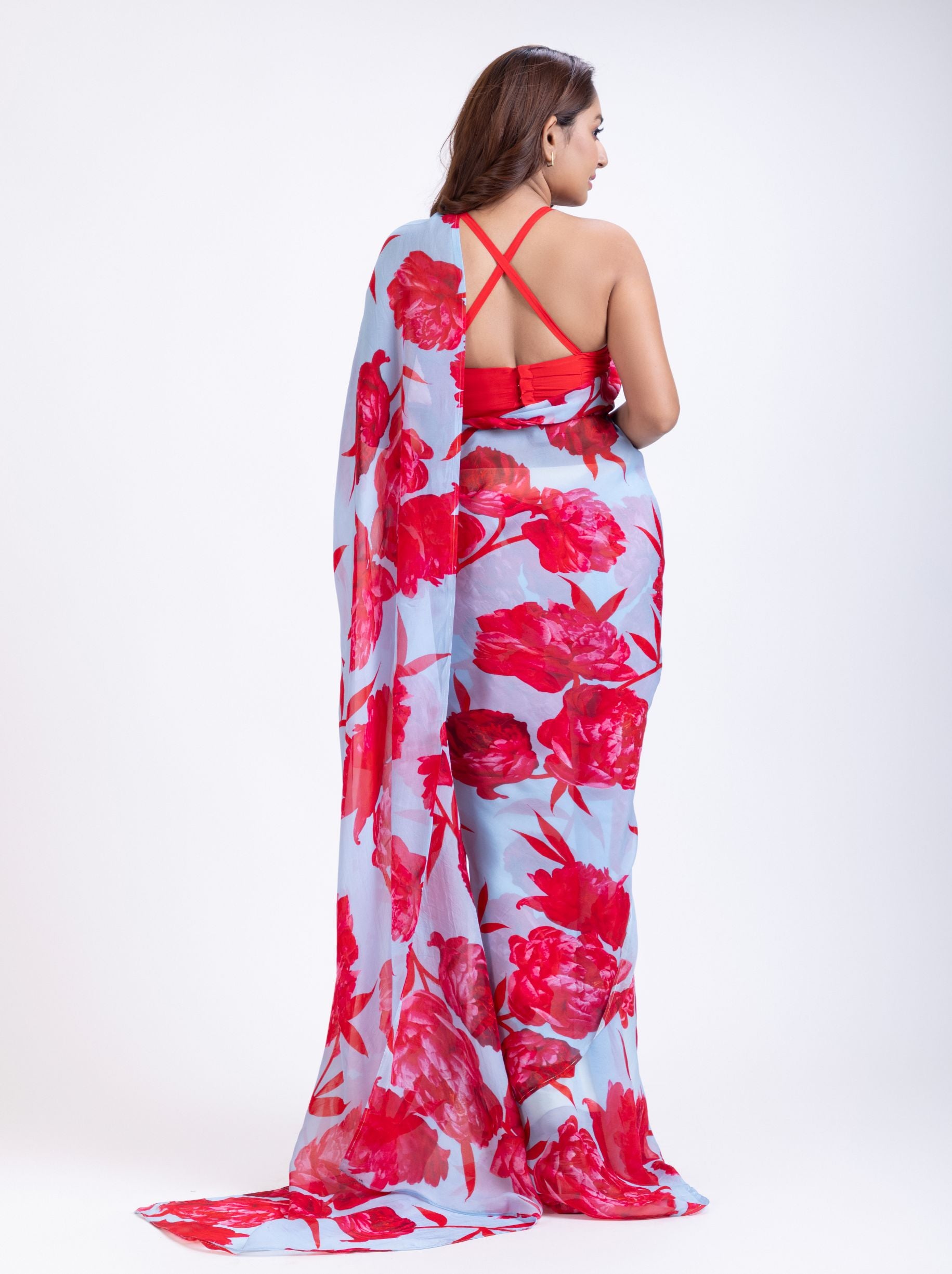Blue Silk Organza Saree With Red Floral Prints Back
