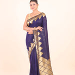 Blue Silk Saree With Golden Woven Border - Anvi Couture