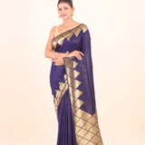 Blue Silk Saree With Golden Woven Border - Anvi Couture