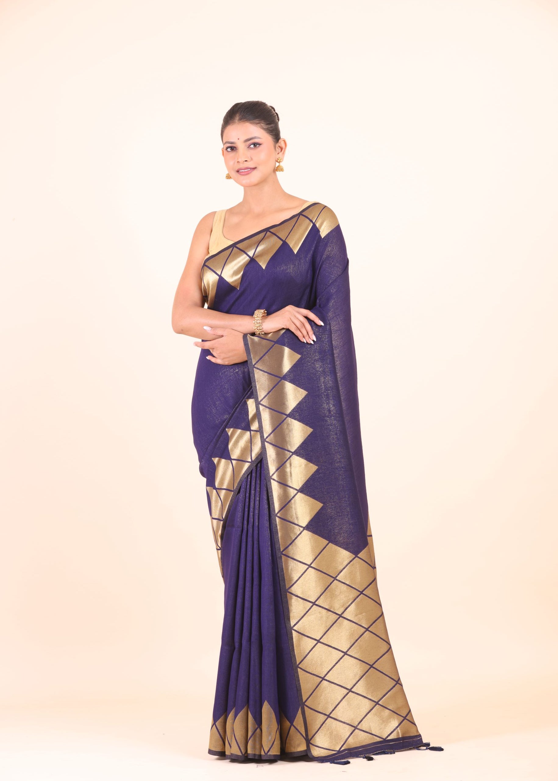 Blue Silk Saree With Golden Woven Border full