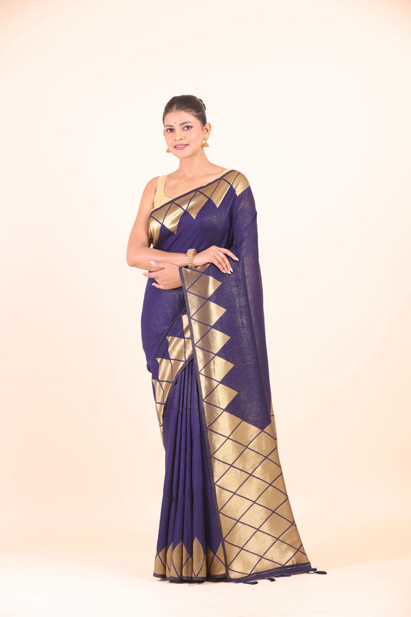 Blue Silk Saree With Golden Woven Border full