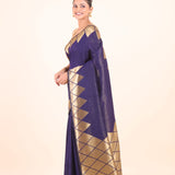 Blue Silk Saree With Golden Woven Border - Anvi Couture