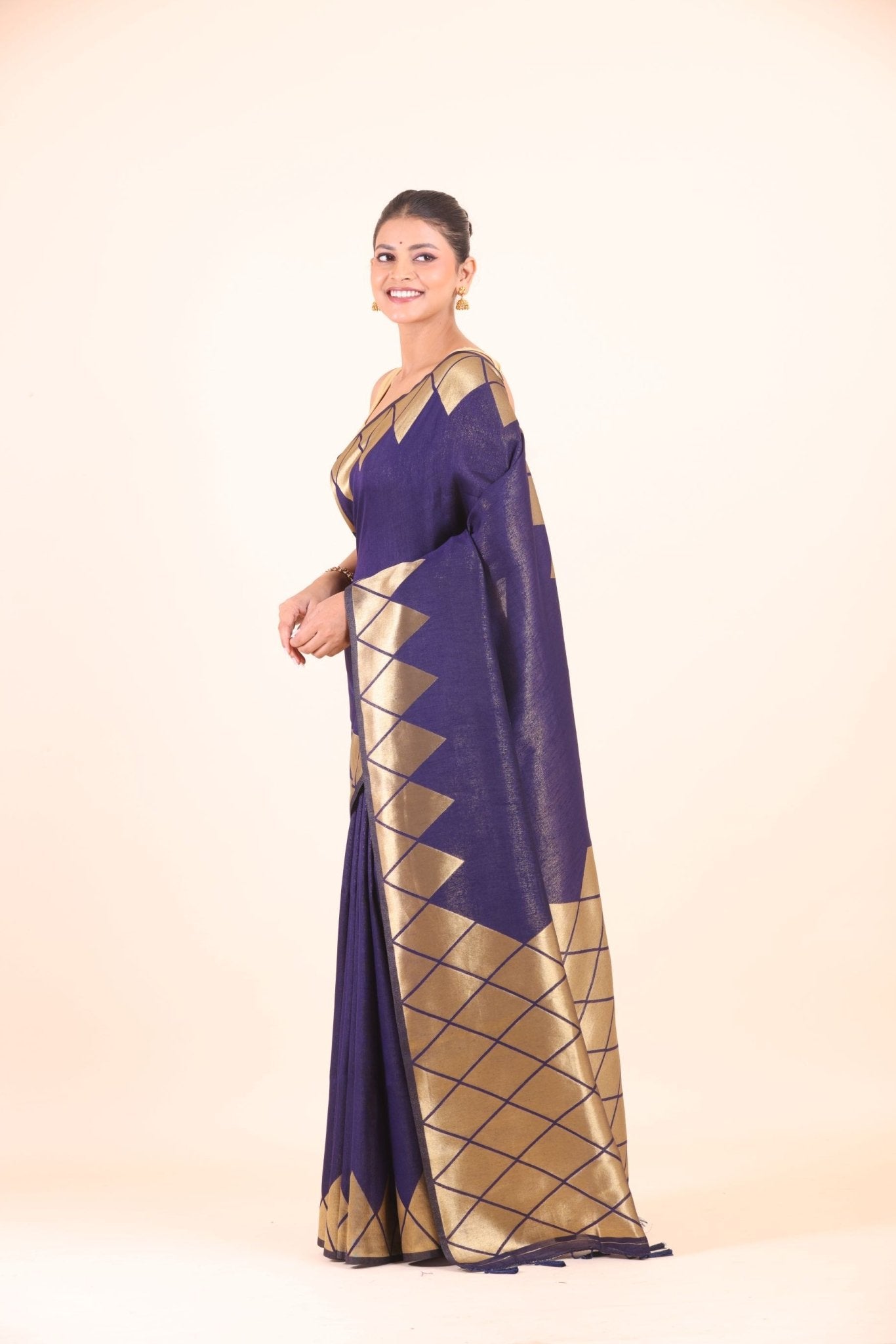 Blue Silk Saree With Golden Woven Border - Anvi Couture