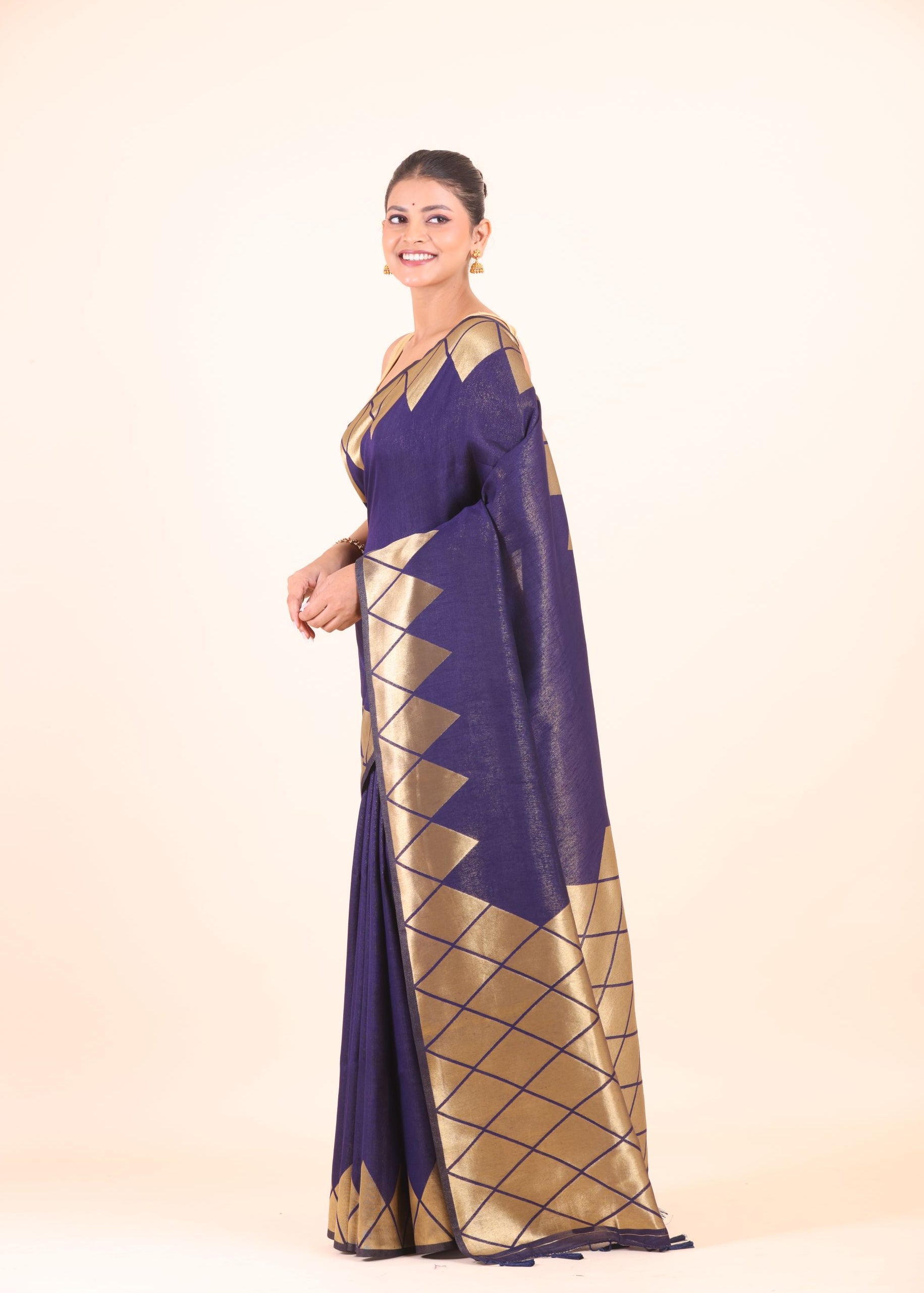 Blue Silk Saree With Golden Woven Border front