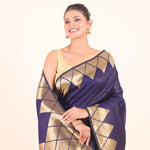 Blue Silk Saree With Golden Woven Border - Anvi Couture
