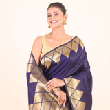Blue Silk Saree With Golden Woven Border - Anvi Couture